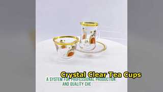 Modern Abstract Art Glass Tea Cup & Saucer Set with Gold Rim – 6-Piece Bohemian Coffee Cup Set for K